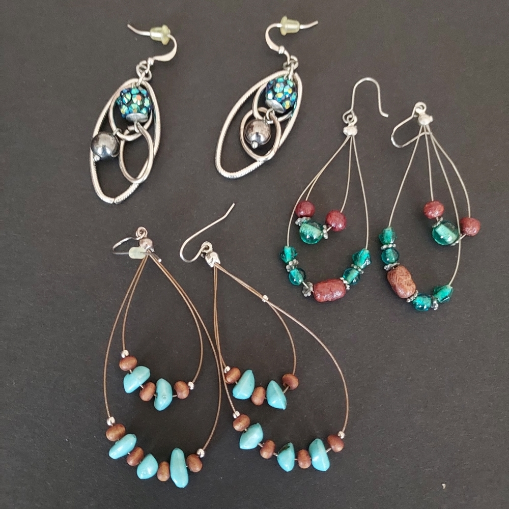 BUNDLE OF THREE LIGHT WEIGHT TURQUOISE DANGLING EARRINGS 2" LONG